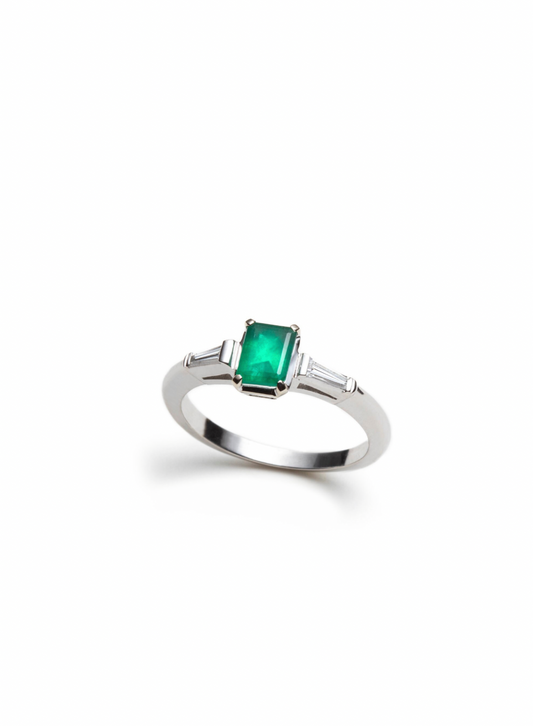 Natural Emerald Platinum Ring with Diamond Baguettes